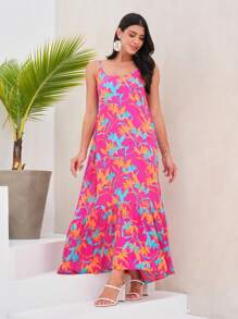SHEIN Vestido longo feminino casual floral com alça fina em viscose - Multicolorido - Visão 1