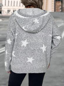 EMERY ROSE Plus Size Women Jacquard Star Pattern Kangaroo Pocket Casual Loose Knitted Pullover Sweater, Autumn/Winter - Grey - View 2