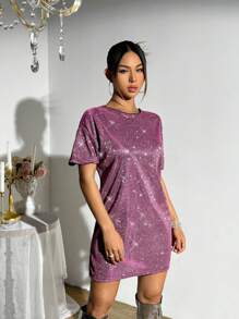 SHEIN ICON 外出超大女款閃光圓領連身裙 - 粉色 - 查看 6