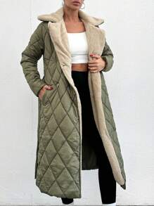 SHEIN Cottnline Women's Solid Color Long -padded Jacket With Zipper Closure And Stand Collar - Lime Green - View 3