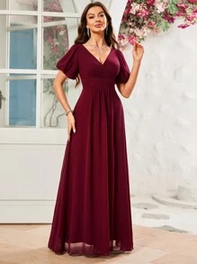 UNITHORSE Váy phù dâu bằng vải voan xẻ tà, tay bèo nhún, thân váy xếp ly, hở lưng - Màu Đỏ Sâu - Xem 3