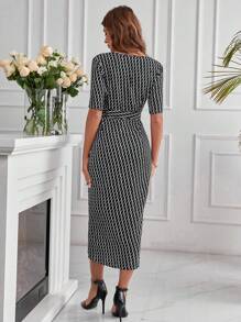 SHEIN Clasi In Cổ chữ V Đầm - Đen và trắng - Xem 5
