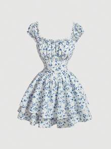 SHEIN MOD Women's Floral Print Ruffle Strapless Romper