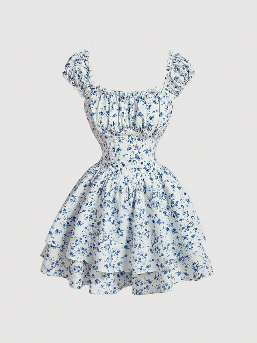 SHEIN MOD Women's Floral Print Ruffle Strapless Romper