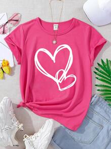 Cô gái Tween Hình trái tim Mẫu Vòng cổ Ngắn tay Áo thun - Màu Hồng Tươi - Xem 1