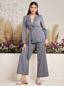 Seusyu Women's Plaid Notched Lapel Long Sleeve Blazer - Blue - View 6