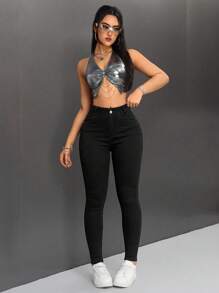 SHEIN PETITE Women's High Waist Skinny Jeans - Black - View 5