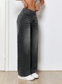 SHEIN PETITE Women's Casual Cat Whisker Design Loose Fit Jeans