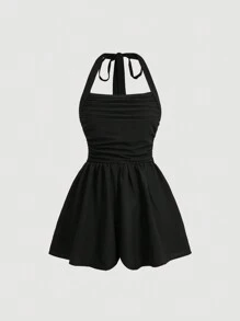 SHEIN MOD Không tay Đen Romper Với Halter Neck , Mặt trước Xếp Và Dây thắt lưng - màu đen - Xem 1