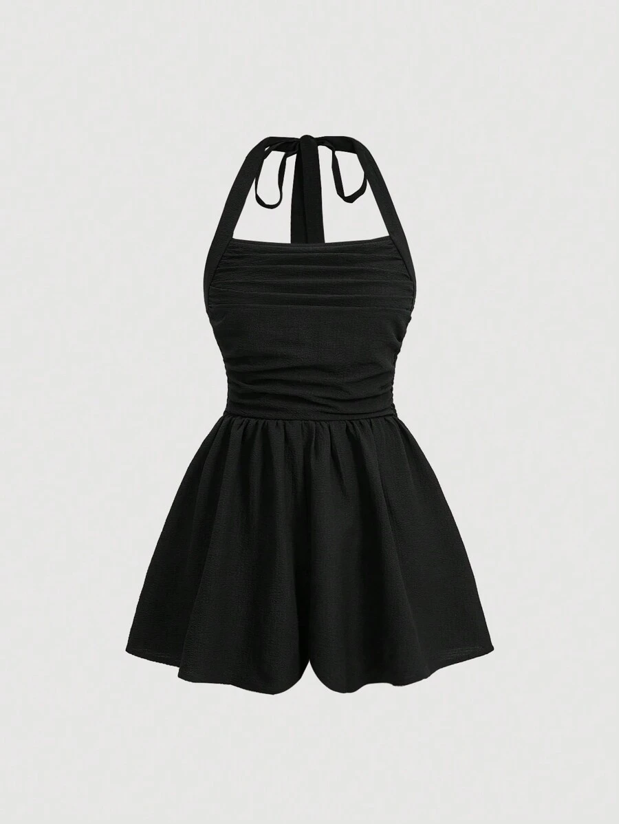 SHEIN MOD Không tay Đen Romper Với Halter Neck , Mặt trước Xếp Và Dây thắt lưng - màu đen - Xem 1
