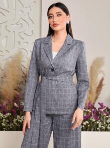 Seusyu Women's Plaid Notched Lapel Long Sleeve Blazer - Blue - View 4
