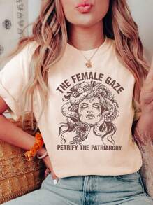 INAWLY 肖像和字母印花短袖 T 恤图案 T 恤女式上衣