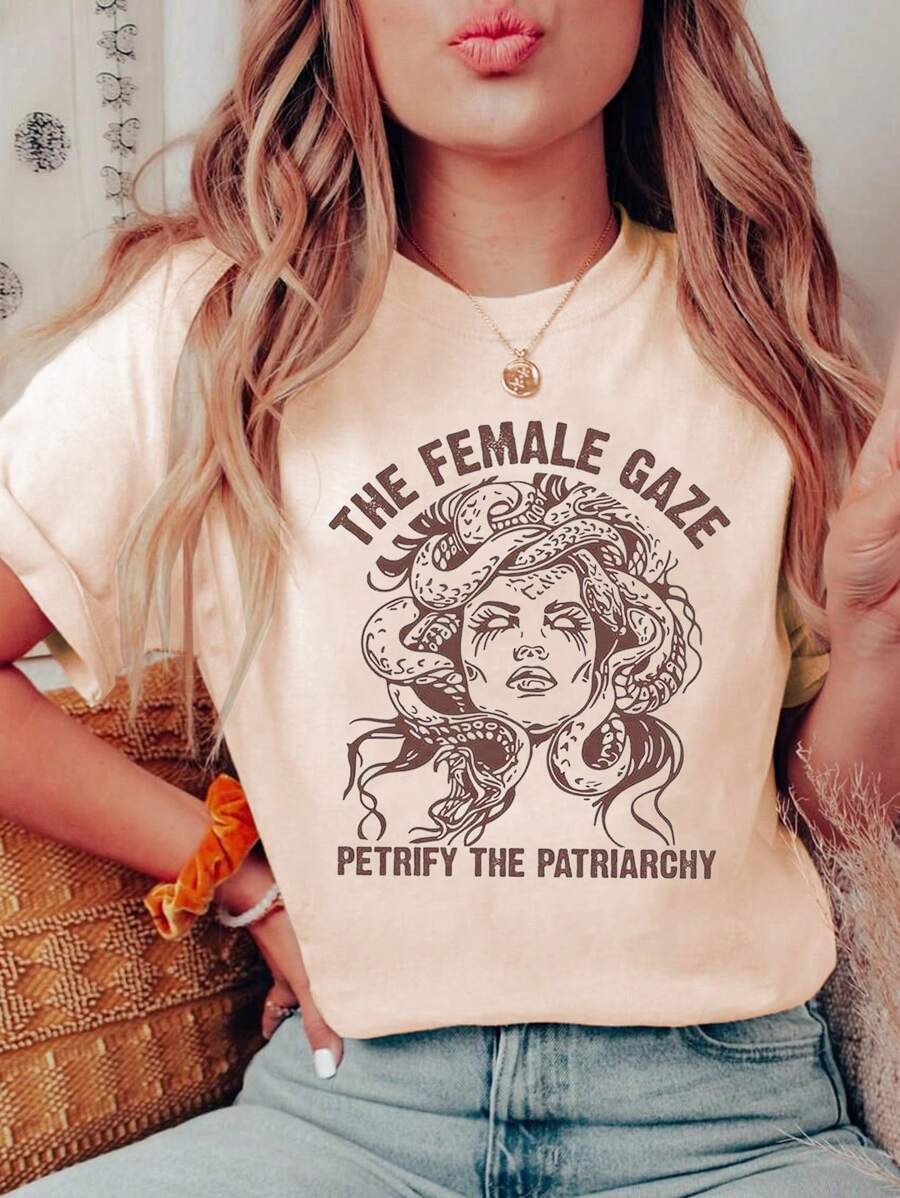 INAWLY 肖像和字母印花短袖 T 恤图案 T 恤女式上衣