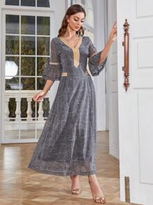 Al Najma Ladies' Patchwork Woven Belt Flare Sleeve Arabian Dress - Black - View 3