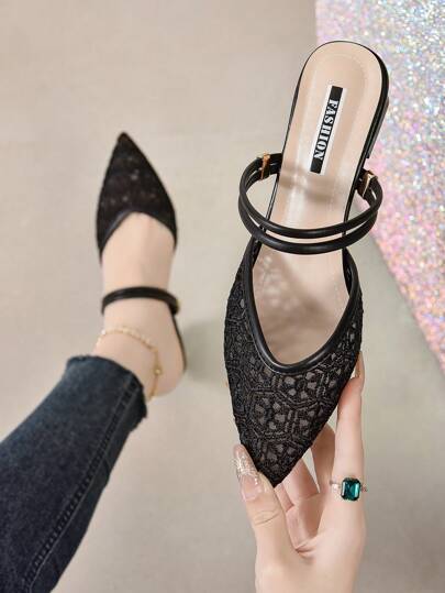 2025秋冬新款女士粗跟仙女风网面凉鞋/拖鞋，可作穆勒鞋穿着，有包头和尖头两种款式，情人节高跟鞋，优雅