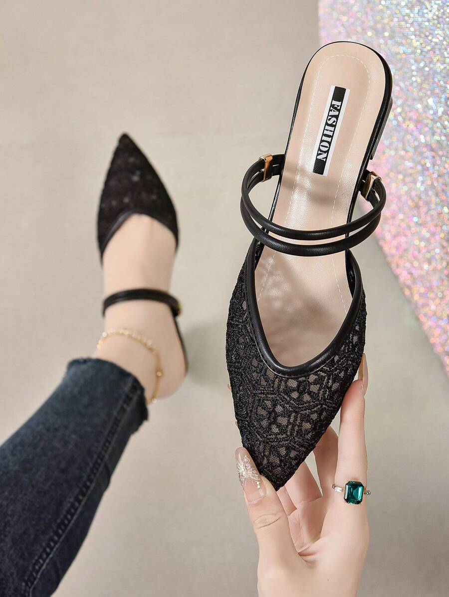 Giày sandal và dép lê đế thô phong cách cổ tích mới về Thu/Đông 2025 cho nữ, có thể mang như giày mules, mũi kín và mũi nhọn, giày cao gót Valentine, thanh lịch