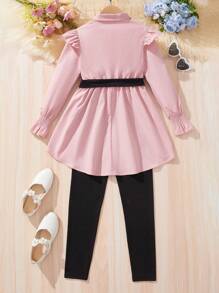 SHEIN 少女荷葉邊波浪袖配皮帶上衣和緊身褲 - 彩色 - 查看 2