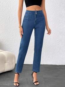 SHEIN Frenchy Verano, Pantalones De Mezclilla Azul Cómodos, Ajustados Y Sofisticados Que Estiran De Buena Calidad, Adecuados Para Ocasiones Elegantes O Casuales. - Azul - Ver 5