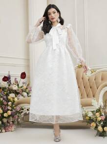 Modelyn 女士閃亮通孔打結領阿拉伯連衣裙,有內裏 - 白色 - 查看 5