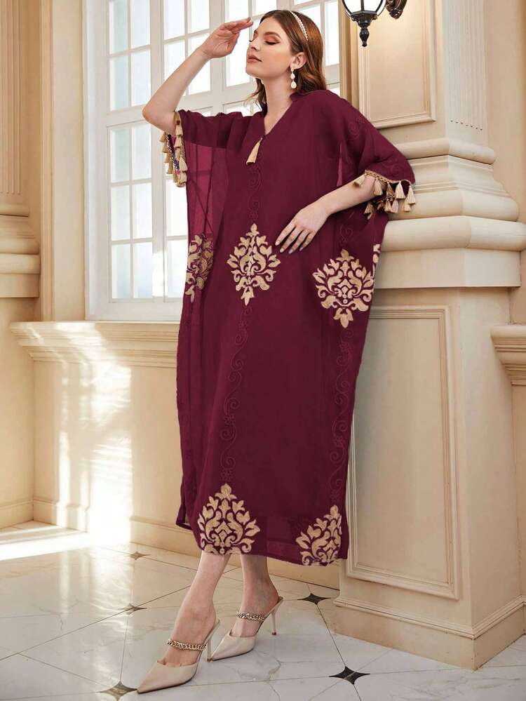 Burgundy Red Loose Fit Embroidery Detailing Tassel Trimmed Edge Dress Kaftan Jalabiya Dress