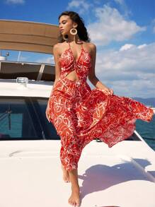Anewsta Vestido Sexy Anewsta De Correa Con Estampado Floral En El Escote En V Y Cinturón Con Pliegues, Abierto En La Espalda Y De Color Rojo Para Estilo De Vacaciones