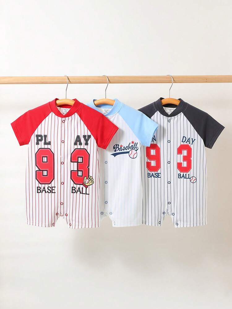 Baby Boy's Alphabet Printed Color Blocking Striped Raglan Short Sleeve Romper 3pcs Set