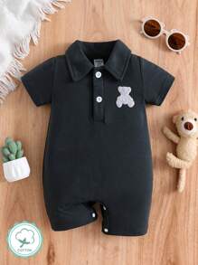 SHEIN Newborn Baby Boys' Bear Applique Romper - Dark Grey - View 1