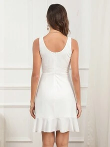 Missufe Ruffle Hem Asymmetrical Hem Fitted Elegant Dress - White - View 2