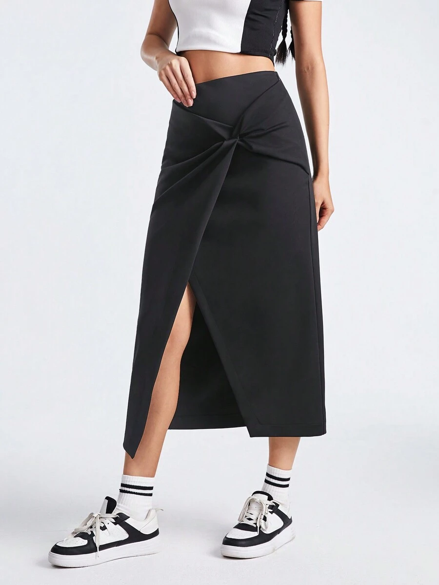 Easithlete Casual Solid Color Twist Knot Front Slit Sporty Skirt