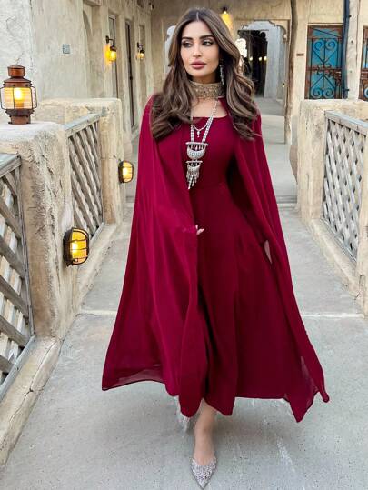 Modelyn Burgundy Red Women's Bell Sleeve Dress And Shawl 2 Piece Set 2 Piece Set