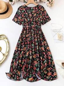 SHEIN Clasi 大尺寸女裝花卉印花v領短袖連衣裙 - 彩色 - 查看 2
