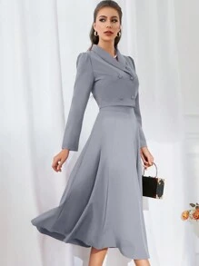 Modelyn Solid Color Shawl Collar Double Breasted Blouse And Skirt Suit 2 Pieces Set - Grey - View 5