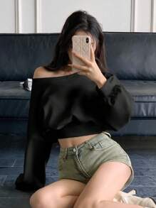 DAZY 女士纯色不对称领口长袖短款运动衫、长袖上衣、返校服装、秋季女装