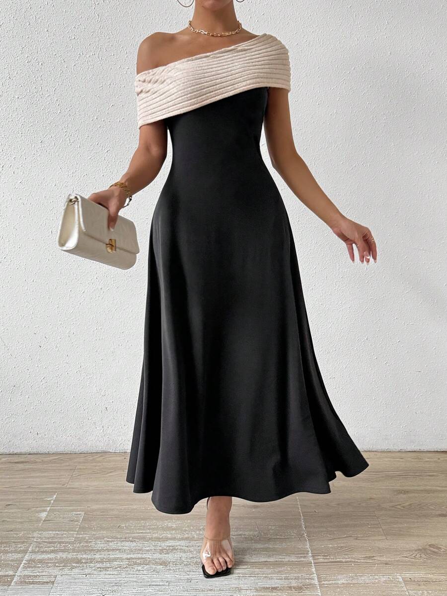 Chiquease Color-Contrast Asymmetric Neckline Dress - Black - View 1