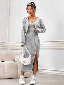 Flirla 2 Piezas/set Vestido Y Top De Punto Acanalado De Color Sólido, Atuendos Minimalistas Casuales - Gris - View 6