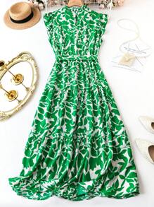 SHEIN Clasi 大尺碼女士立領植物印花荷葉邊連衣裙 - 綠色 - 查看 2