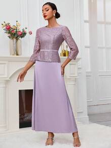 SHEIN Belle Vestido Con Cuello Redondo, Panel De Encaje Y Unión