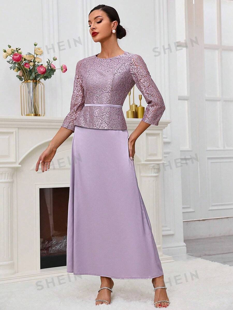 SHEIN Belle Vestido Con Cuello Redondo, Panel De Encaje Y Unión