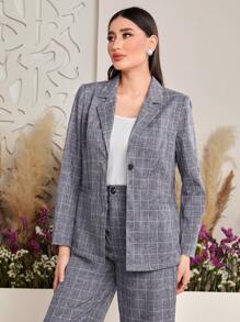 Seusyu Women's Plaid Notched Lapel Long Sleeve Blazer - Blue - View 8