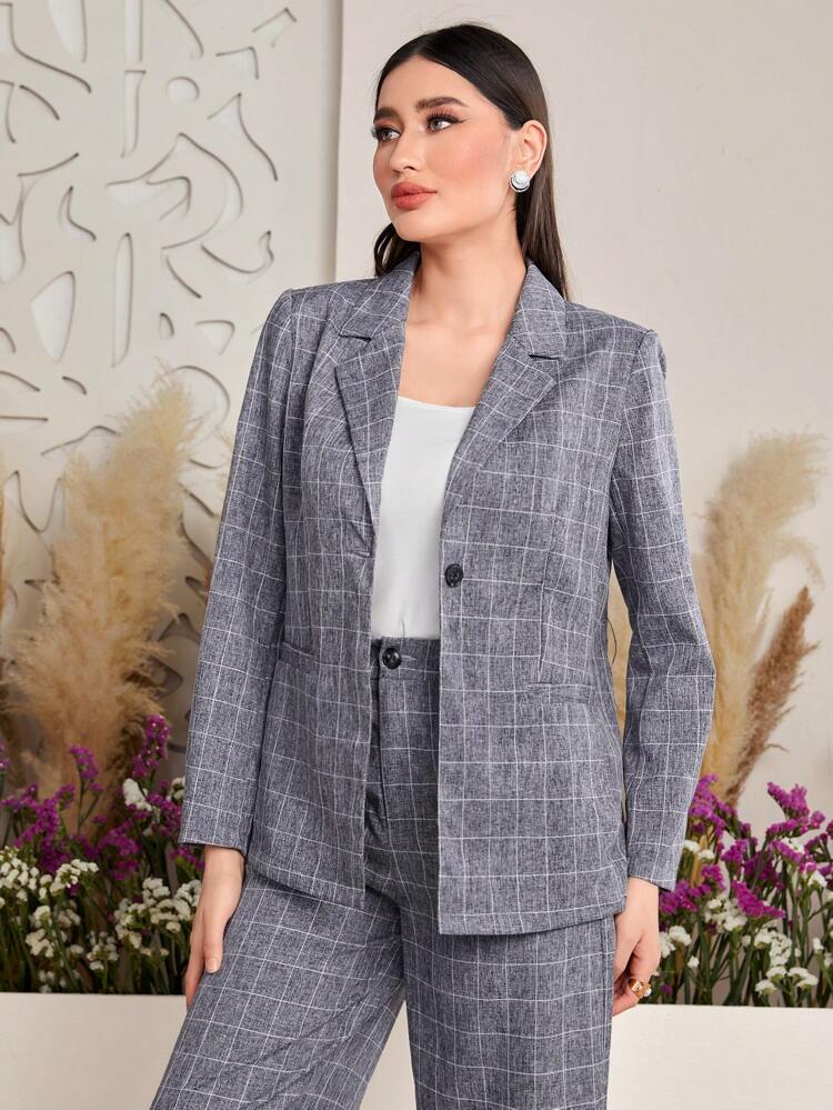Women's Plaid Notched Lapel Long Sleeve Blazer