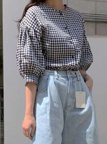 DAZY 女士宽松格纹圆领灯笼袖衬衫夏季 - 黑與白 - 查看 2