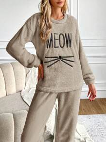 RueChic Letter Embroidery Drop Shoulder Flannel PJ Set - Apricot - View 3