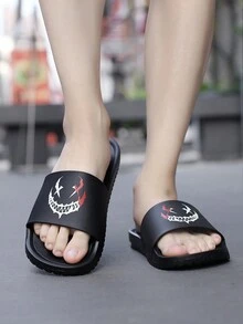 Men's Casual Simple Black Summer Slippers With Open Toe & Cartoon Laughing Face Print Colorblock Eva Fashion Slippers - Black - View 4