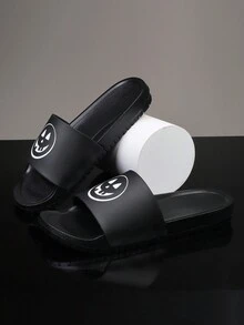 Men's Casual Open Toe Summer Slippers, Simple Black Color With Cartoon Ghosts Printed Contrast Color Eva Fashion Slides - Black - View 3