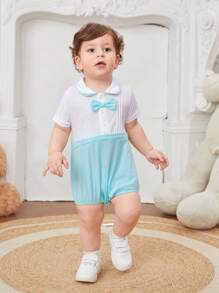 Baby Boy's Gentleman Style Short Sleeve 2 In 1 Bodysuit With Bowknot And Patchwork Design - Blue and White - View 4