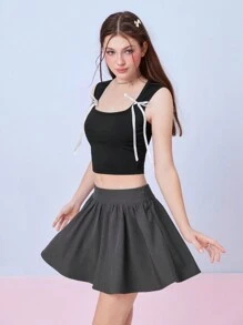 SHEINNeu Débardeur et jupe casual d'été en deux pièces pour femmes, style kawaii balletcore avec nœud ruban. Tenue de sortie d'été - Multicolore - Voir 4
