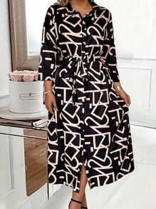 SHEIN LUNE 加大码全印花系腰带衬衫裙长款女装 - 彩色 - 查看 3