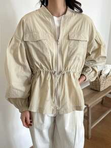 FRIFUL Women's Drawstring Waist Baseball Collar Jacket,Fall Clothes - Beige - View 7