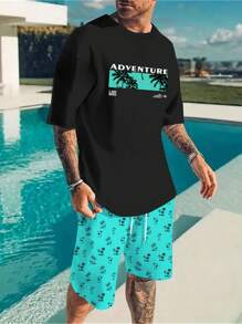 Manfinity RSRT Men'S Letter Print Short Sleeve T-Shirt And Shorts 2pcs Set - Multicolor - View 1