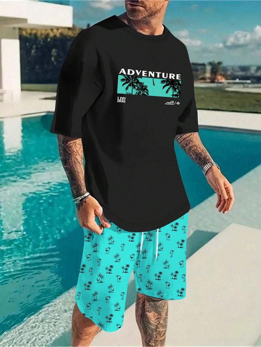 Manfinity RSRT Men'S Letter Print Short Sleeve T-Shirt And Shorts 2pcs Set - Multicolor - View 1